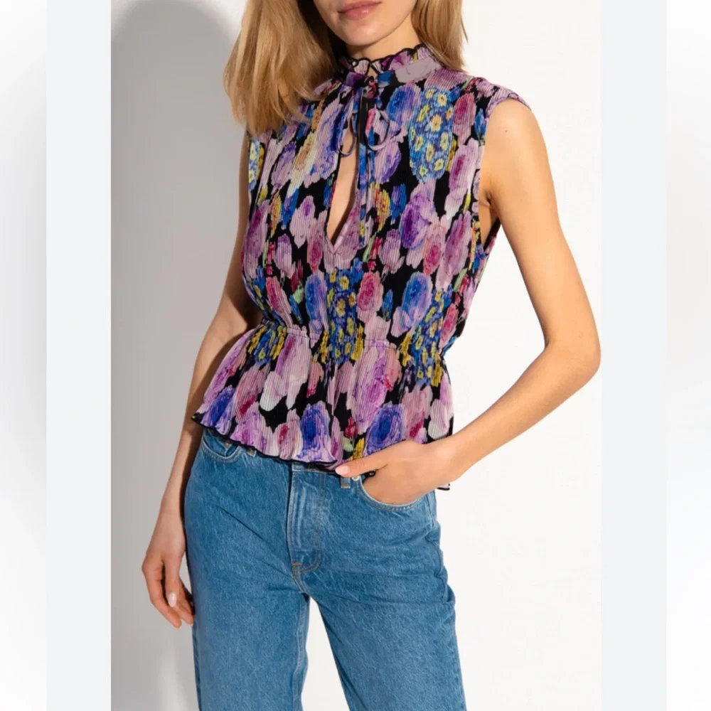 Ganni Floral Sleeveless Ruffled Neck Top in Black, Pink, Purple - Picture 10 of 12